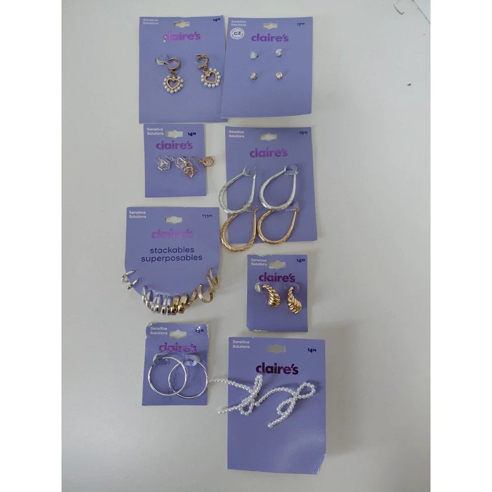 HUGE Lot Claire's Earrings Silver Gold 16 Pair $53 value Sensitive Solutions NWT